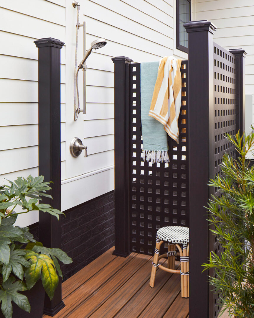 Trex Lattice used as privacy screening for an outdoor shower - HGTV 2022 home